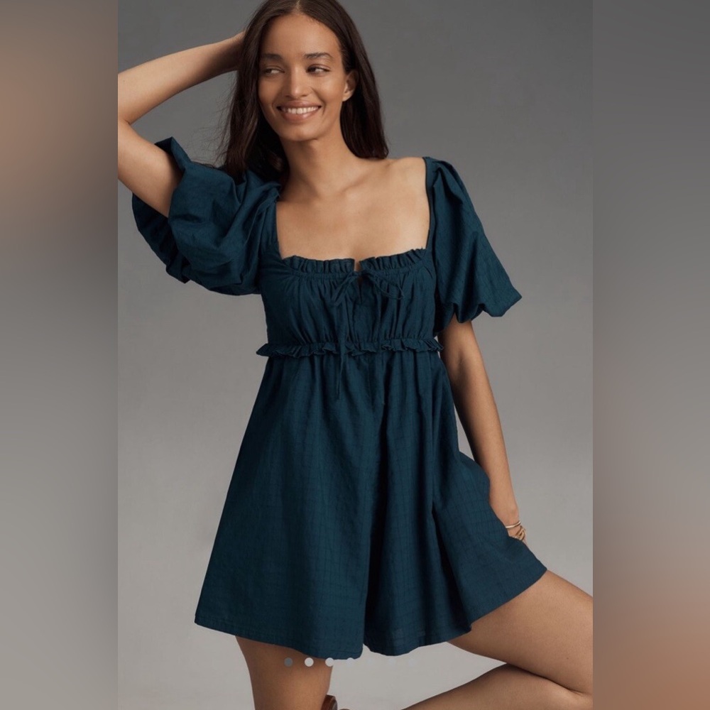 Pilcro Puff Sleeve Dark Teal Romper - Picture 2 of 14